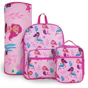 wildkin day2day backpack, lunch box bag with nap mat bundle (groovy mermaids)