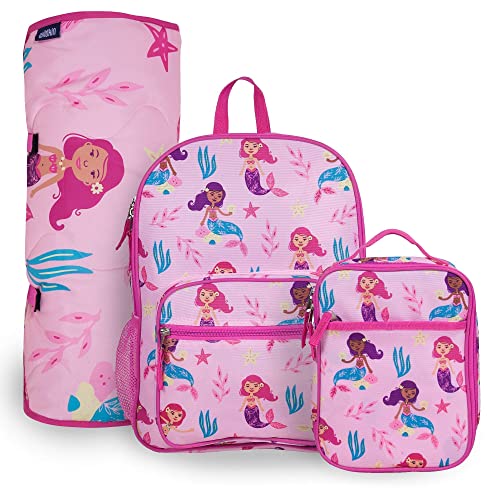 Wildkin Day2Day Backpack, Lunch Box Bag with Nap Mat Bundle (Groovy Mermaids)