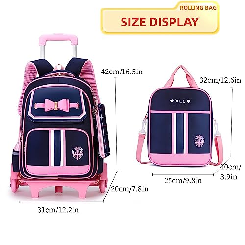 MITOWERMI Rolling Backpack for Girls Cute Trolley Bags Primary School Bookbags with Wheels Kids Carry-On Wheeled Backpack with Lunch Bag