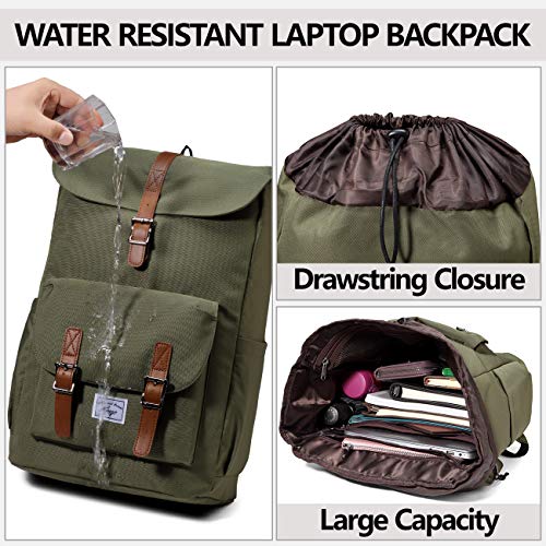 Kasqo Backpack for Men and Women, 15.6 Inch Laptop Backpack Large Capacity Water Resistant Drawstring Flap Bag, Green