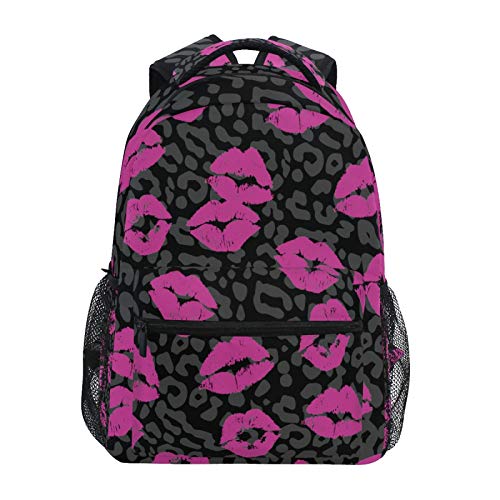 AUUXVA Backpack Lipstick Kiss Leopard Print School Shoulder Bag Large Waterproof Durable Bookbag Laptop Daypack for Students Teens Girls Boys Elementary