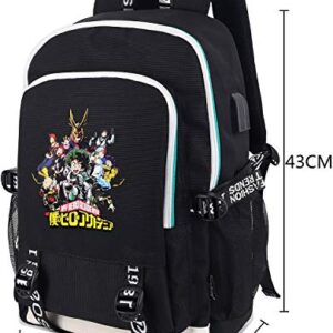 Roffatide Anime My Hero Academia Backpack Printed College School Bag Laptop Backpack with USB Charging Port & Headphone Port