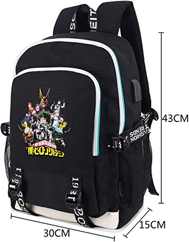 Roffatide Anime My Hero Academia Backpack Printed College School Bag Laptop Backpack with USB Charging Port & Headphone Port