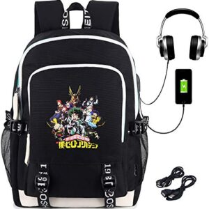 Roffatide Anime My Hero Academia Backpack Printed College School Bag Laptop Backpack with USB Charging Port & Headphone Port