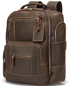 taertii mens full grain genuine leather 15.6 laptop backpack large capacity weekender overnight camping travel rucksack 30l