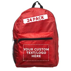 discount promos custom simple functional backpacks set of 24, personalized bulk pack - water resistant, lightweight - red