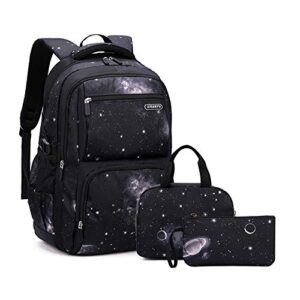 mitowermi boys backpacks primary junior high school bag kids bookbag 3 in 1 casual daypack set fashion space galaxy printed durable knapsack with lunch bag