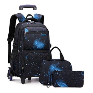 Galaxy-Print Rolling-Backpack Boys-Bookbag on Wheels with Lunch Bag, Galaxy Wheel Backpack, Wheel Trolley Bag for School