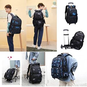 Galaxy-Print Rolling-Backpack Boys-Bookbag on Wheels with Lunch Bag, Galaxy Wheel Backpack, Wheel Trolley Bag for School