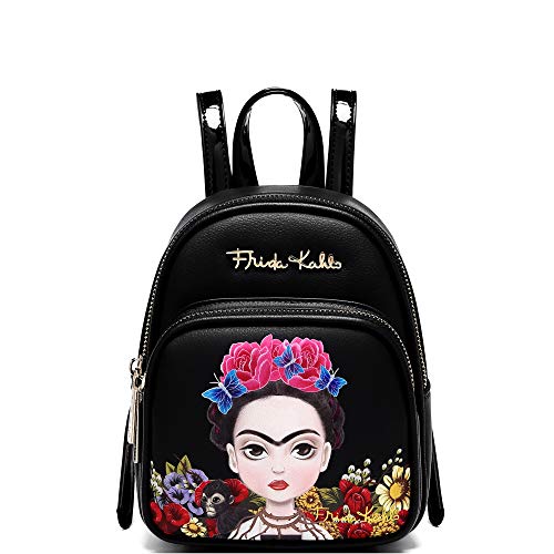 Trendeology Authentic Baby Frida Cartoon Cactus Flower Theme Front Pocket Leather Backpack (Mini Size Baby Frida Cartoon- Black/Black)