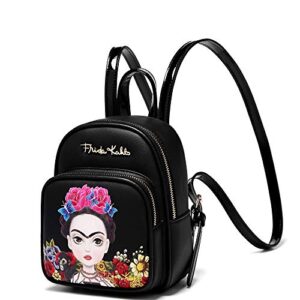 Trendeology Authentic Baby Frida Cartoon Cactus Flower Theme Front Pocket Leather Backpack (Mini Size Baby Frida Cartoon- Black/Black)