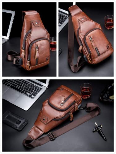 Leather Sling Bag Small Purse for Men Women Crossbady Bag Chest Bags Shoulder Backpack Cross Body Man Womens Water Resistant Vintage