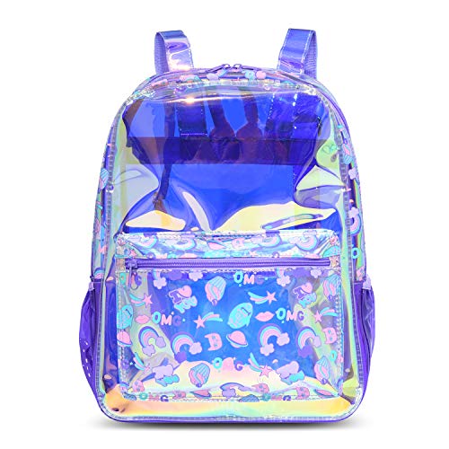 RuRu monkey Transparent Hologram Girls Clear Backpack - Ideal PVC Clear Backpack for Kids Ages 4-10 for Kindergarten, Preschool, and Lower Elementary Students, Purple