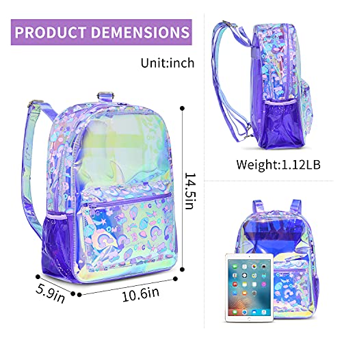 RuRu monkey Transparent Hologram Girls Clear Backpack - Ideal PVC Clear Backpack for Kids Ages 4-10 for Kindergarten, Preschool, and Lower Elementary Students, Purple