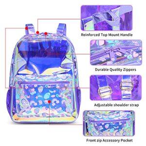 RuRu monkey Transparent Hologram Girls Clear Backpack - Ideal PVC Clear Backpack for Kids Ages 4-10 for Kindergarten, Preschool, and Lower Elementary Students, Purple