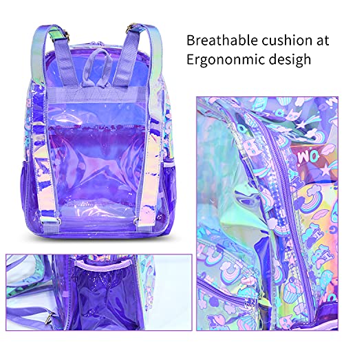 RuRu monkey Transparent Hologram Girls Clear Backpack - Ideal PVC Clear Backpack for Kids Ages 4-10 for Kindergarten, Preschool, and Lower Elementary Students, Purple