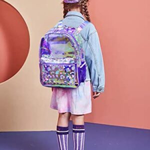 RuRu monkey Transparent Hologram Girls Clear Backpack - Ideal PVC Clear Backpack for Kids Ages 4-10 for Kindergarten, Preschool, and Lower Elementary Students, Purple