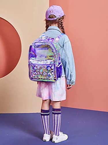 RuRu monkey Transparent Hologram Girls Clear Backpack - Ideal PVC Clear Backpack for Kids Ages 4-10 for Kindergarten, Preschool, and Lower Elementary Students, Purple