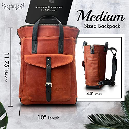 ORNA'S LEATHER ART | SWAN Everyday leather backpack for Women. Practical, Stylish and Spacious Women’s Bag. Real Leather in A Chic Backpack And Contemporary Design (R. COGNAC)