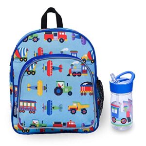 wildkin 12 inch kids backpack bundle with water bottle (trains, planes & trucks)