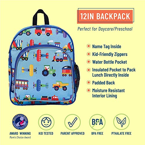 Wildkin 12 Inch Kids Backpack Bundle with Water Bottle (Trains, Planes & Trucks)