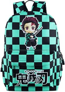 roffatide anime demon slayer backpack black green plaid school bag large capacity laptop back pack