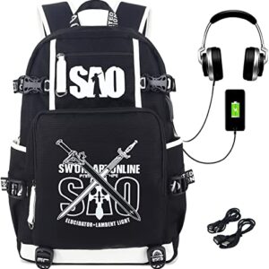 Roffatide Anime Sword Art Online Backpack Luminous School Bag SAO Laptop Backpack with USB Charging Port & Headphone Port