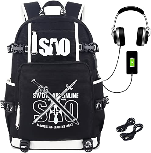 Roffatide Anime Sword Art Online Backpack Luminous School Bag SAO Laptop Backpack with USB Charging Port & Headphone Port