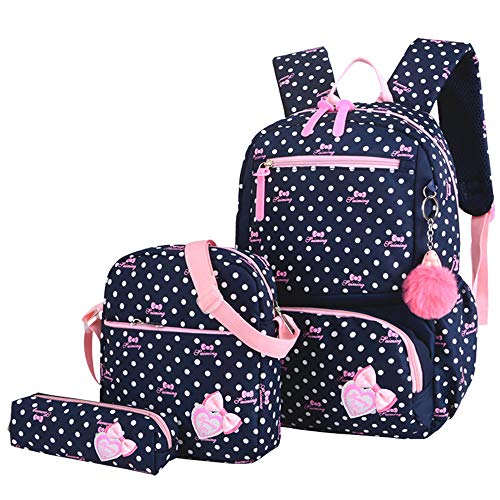 EKUIZAI 3Pcs Heart Prints Backpack Sets 3 in 1 Bowknot Primary Schoolbag Travel Daypack School Bag Kid Backpack for girls (Blue)