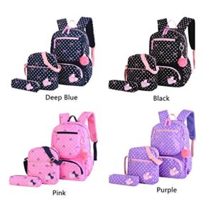 EKUIZAI 3Pcs Heart Prints Backpack Sets 3 in 1 Bowknot Primary Schoolbag Travel Daypack School Bag Kid Backpack for girls (Blue)