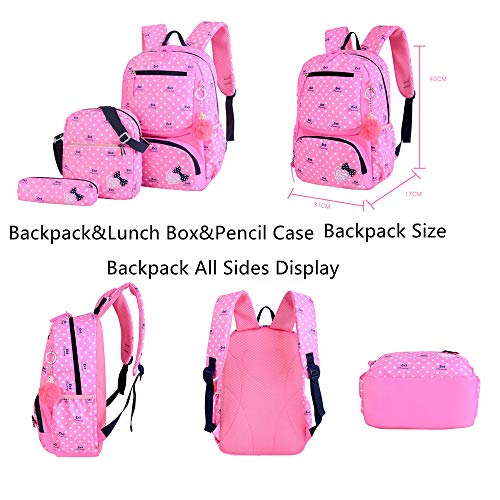 EKUIZAI 3Pcs Heart Prints Backpack Sets 3 in 1 Bowknot Primary Schoolbag Travel Daypack School Bag Kid Backpack for girls (Blue)