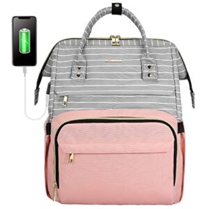 lovevook laptop backpack for women laptop bag computer bag teacher work bag backpack purse rucksack,stripe grey and pink