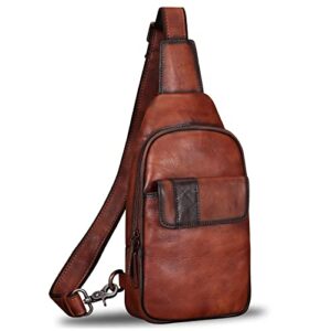 ivtg genuine leather sling bags hiking sling backpacks shoulder fanny pack vintage handmade crossbody chest daypack (coffee)