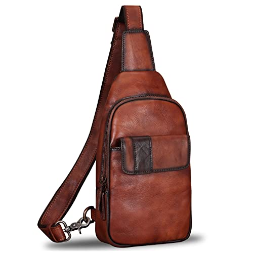 IVTG Genuine Leather Sling Bags Hiking Sling Backpacks Shoulder Fanny Pack Vintage Handmade Crossbody Chest Daypack (Coffee)