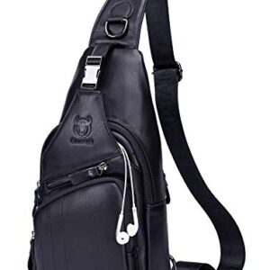 BULLCAPTAIN Cross body Bags for Men Leather Sling Bag Casual Daypacks Chest Bags Shoulder Bag Travel Hiking Backpacks (Black)