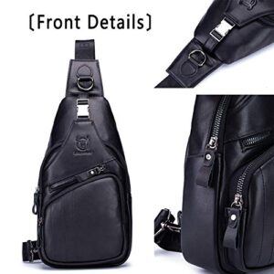 BULLCAPTAIN Cross body Bags for Men Leather Sling Bag Casual Daypacks Chest Bags Shoulder Bag Travel Hiking Backpacks (Black)