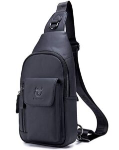 bullcaptain mens leather crossbody bag shoulder sling bag casual daypacks chest bags for travel hiking backpacks (black)