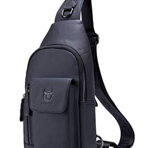 BULLCAPTAIN Mens Leather Crossbody Bag Shoulder Sling Bag Casual Daypacks Chest Bags for Travel Hiking Backpacks (Black)