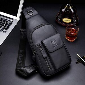 BULLCAPTAIN Mens Leather Crossbody Bag Shoulder Sling Bag Casual Daypacks Chest Bags for Travel Hiking Backpacks (Black)