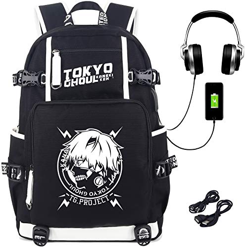 Roffatide Anime Tokyo Ghoul Laptop Backpack Printed Luminous Schoolbag Rucksack with USB Charging Port & Headphone Port Black