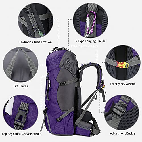 Kerxinma 60L Hiking Backpack Waterproof Travel Hiking Camping with Daypack Cover (Purple)