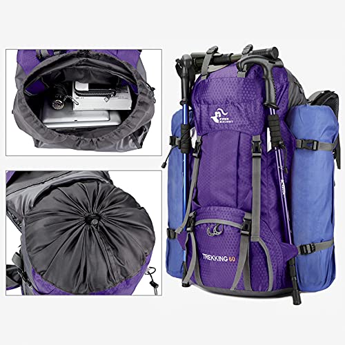 Kerxinma 60L Hiking Backpack Waterproof Travel Hiking Camping with Daypack Cover (Purple)