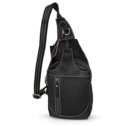 Dimarcy Leather Cross-body Sling Bag Casual Daypack Backpack Chest Shoulder Multi-Purpose Timeless Design Small Men (Black)