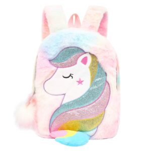 hiccupfish cboalogr cute plush unicorn toddler mini travel bag princess plush backpack for girls 1-6 years old (tail-colored)…