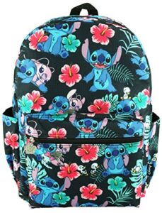lilo and stitch 16 inch allover print backpack with laptop sleeve (black w/side pockets)