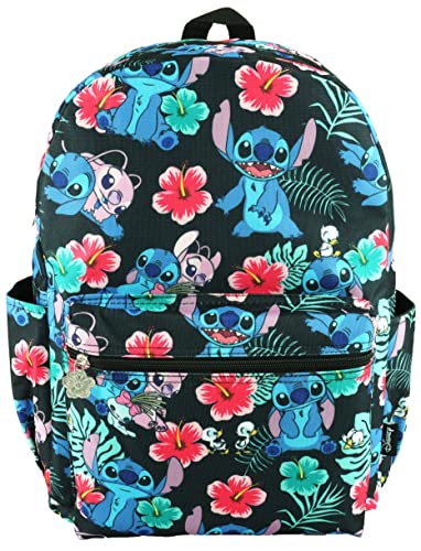 Lilo and Stitch 16 Inch Allover Print Backpack with Laptop Sleeve (Black W/Side Pockets)