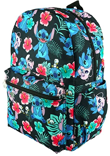 Lilo and Stitch 16 Inch Allover Print Backpack with Laptop Sleeve (Black W/Side Pockets)