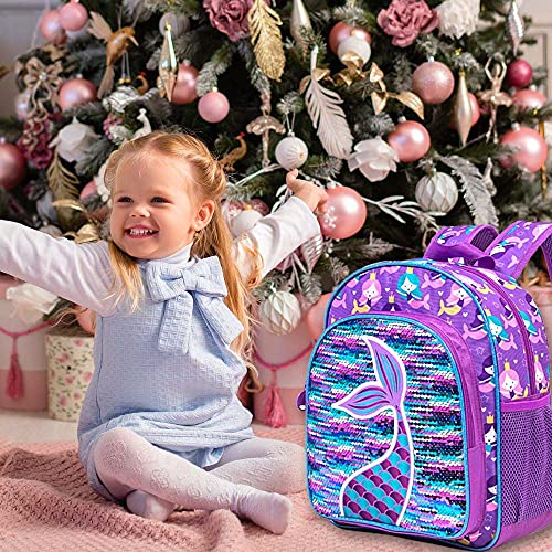 gxtvo Mermaid Backpack for Girls, Toddler Sequin Preschool Bookbag, 12" Cute Cartoon Animal School Bag