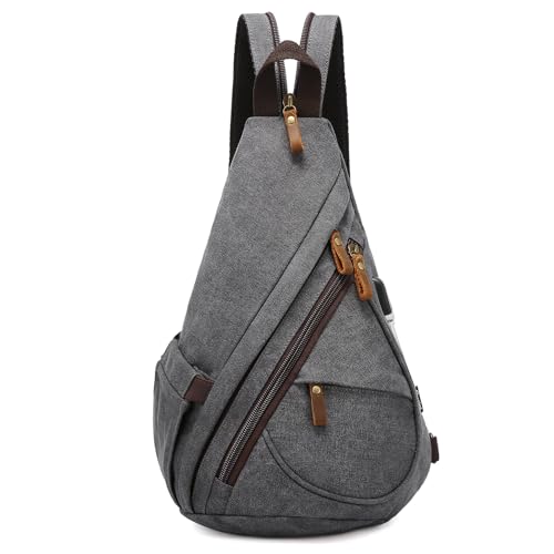 Sucipi Canvas Sling Bag for Women Sling Backpack Lightweight Crossbody Shoulder Bag for Men Small Backpack for Hiking Travel Cycling Walking USB Charger Port Dark Grey