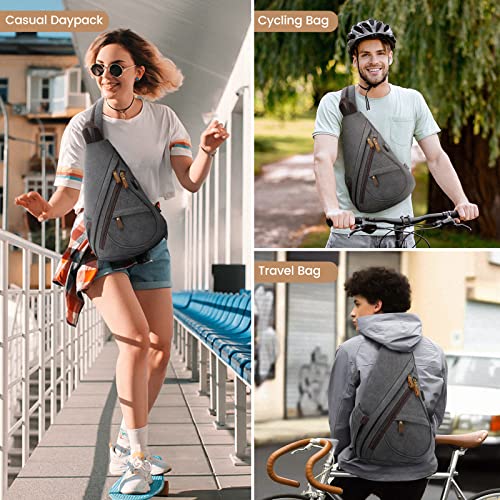 Sucipi Canvas Sling Bag for Women Sling Backpack Lightweight Crossbody Shoulder Bag for Men Small Backpack for Hiking Travel Cycling Walking USB Charger Port Dark Grey